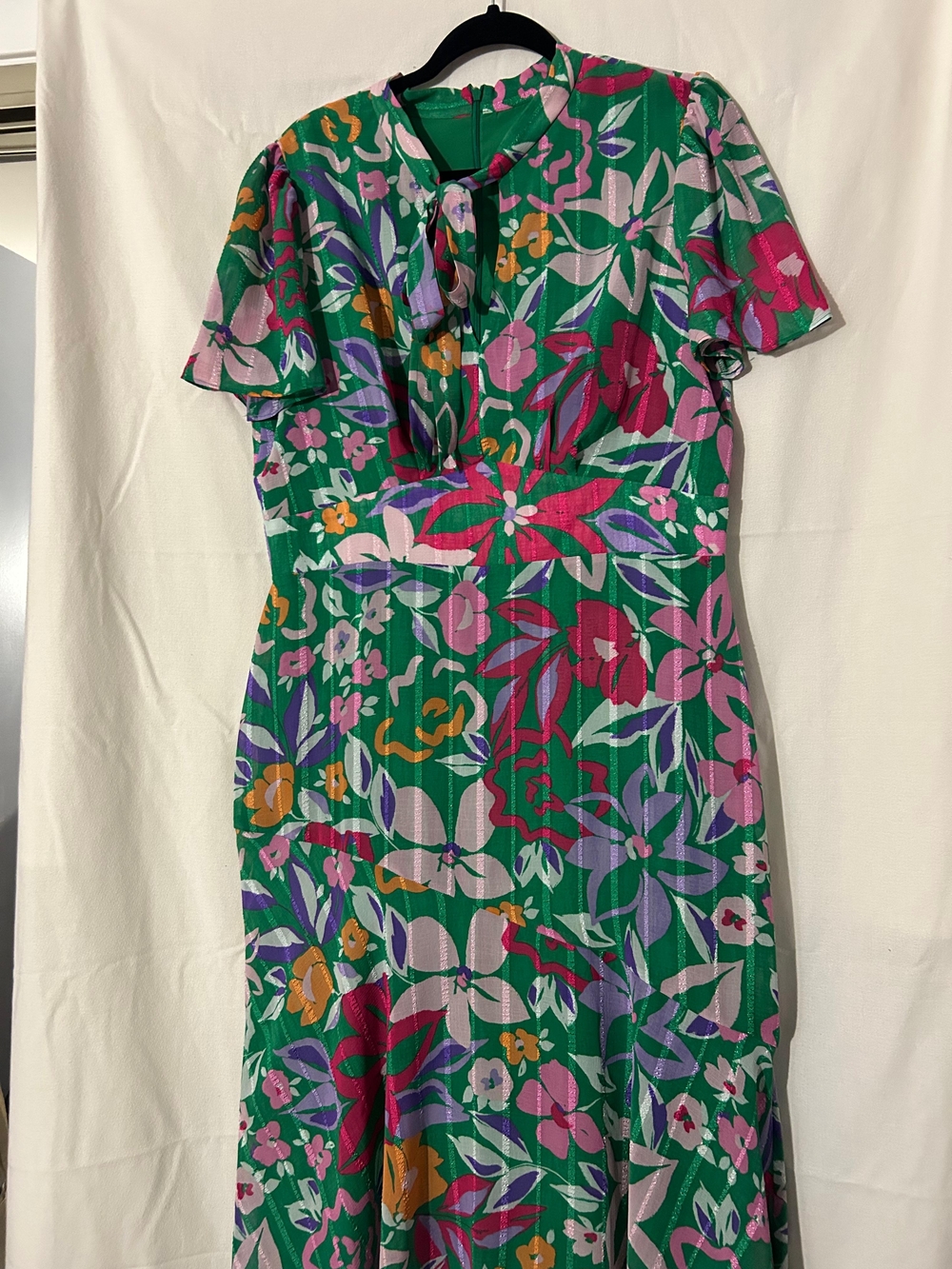 Maggy London Green Floral Midi Dress with Pink Purple & Orange Blooms
